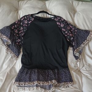 Floral Black Top with Ruffle Sleeves